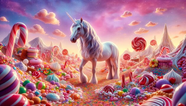 A photorealistic image of a unicorn in a land made of candies and sweets, creating a sweet and colorful scene.