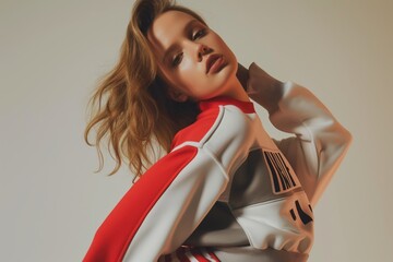 fashion model posing in designer sweatshirts for a photoshoot