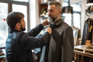 tailor fitting jacket on male client in shop - obrazy, fototapety, plakaty