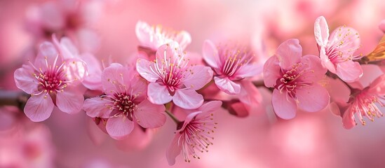 A detailed view of pink cherry blossoms adorning a twig on a flowering tree, showcasing the vibrant petals in magenta hues.