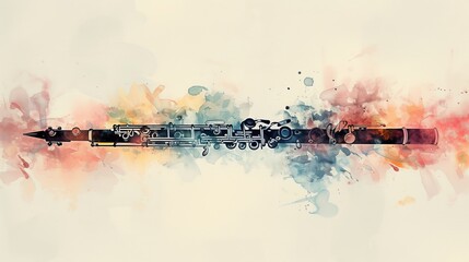 Double exposure of oboe and colorful watercolor splashes on white background. Ai generative.
 - obrazy, fototapety, plakaty