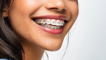 close - up of a woman with a dental braces. orthodontic braces. dental braces on a white background	