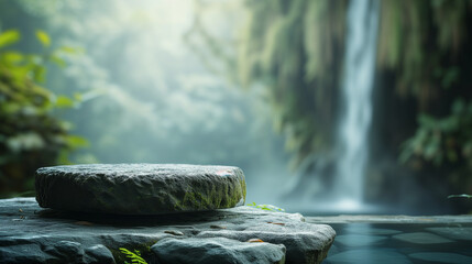 Empty product podium from rock. Cylinder stand concept. Blurred Bali nature with waterfall background, beauty skincare, technology products display.