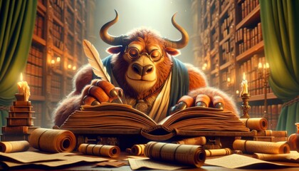 A whimsical animated art style depiction of the Minotaur reading or writing, wearing glasses, in a scholarly setting.