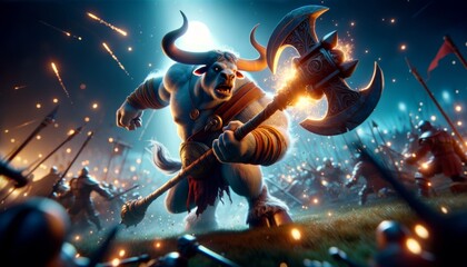 A whimsical animated art style depiction of the Minotaur in battle, swinging a weapon with intense focus and determination. - obrazy, fototapety, plakaty