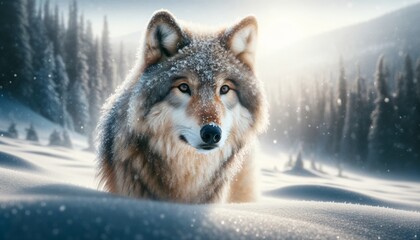A photo-realistic image of a lone wolf in a snowy landscape.