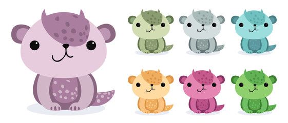 Set of flat illustrations of stylized dragons or small dinosaurs