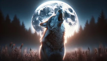 Deurstickers A photo-realistic image of a wolf howling at the moon. © FantasyLand86