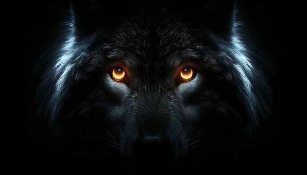 A photo-realistic image focusing on the glowing eyes of a wolf in the darkness.