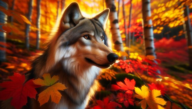 A photo-realistic image of a wolf with a backdrop of vibrant autumn leaves, highlighting the contrast between the natural colors and the wolf's.