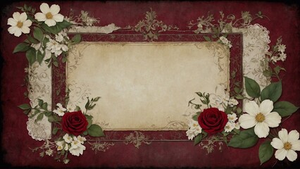 vintage red background with frame and flowers, space for text, perfect fot greetings