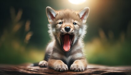 A photo-realistic image of a wolf pup yawning, showcasing its innocence and the cute aspect of its nature.