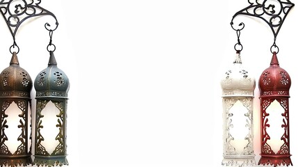 Arabic lantern ornament isolated over white background for frame design template. Suitable for design element of Ramadan Kareem greeting template. Ramadan Kareem theme background template. - obrazy, fototapety, plakaty