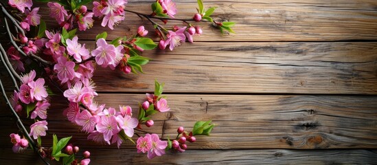 Naklejka na ściany i meble Mothers Day with a branch of blooming flowers on a wooden backdrop.