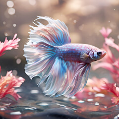 amazing pale lavender color  Bette fish male with beautiful long fins posing against  light background. close up. Dreaming concept. Ai generated - 731779410