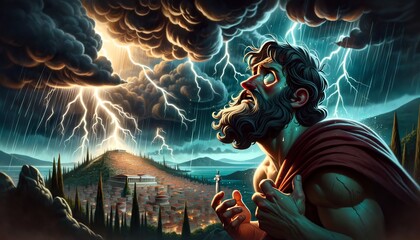 A whimsical animated art style scene depicting the wrath of the gods, with Theseus reacting to a divine omen. - obrazy, fototapety, plakaty