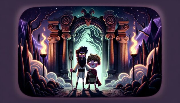 A whimsical animated art style scene depicting Theseus and his friend Pirithous, with expressions of loyalty and camaraderie.