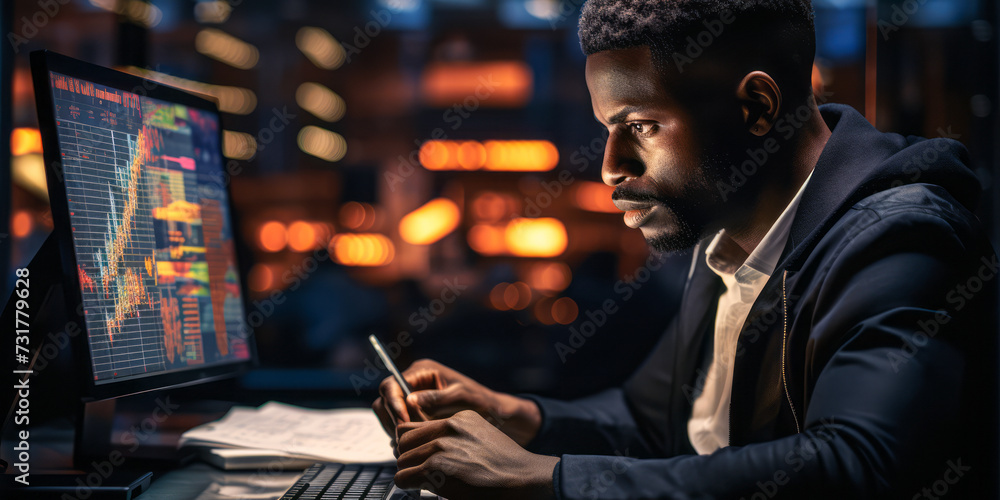 Poster concentrated young black trader analyzing financial markets on multiple computer screens in a dark o