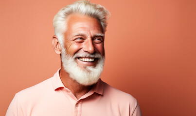 Obraz premium Joyful elderly gentleman with a radiant smile, white beard, and stylish haircut wearing a casual pink polo shirt on a matching peach background