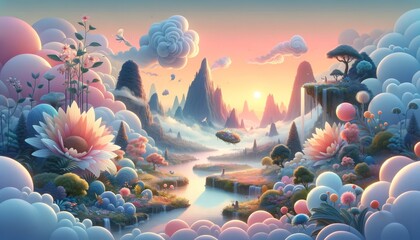 A whimsical, animated art style depiction of a serene landscape at sunrise, featuring a misty...