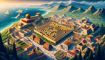 A whimsical, animated art style aerial view of ancient Crete, showcasing the labyrinth, ancient Minoan civilization in its glory, and the surrounding . - obrazy, fototapety, plakaty