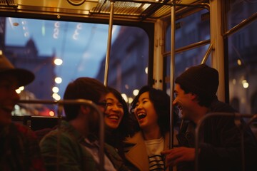 Obraz premium people laughing and talking during evening tram ride