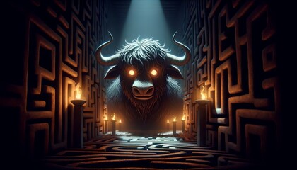 A whimsical, animated art style depiction of the suspenseful moment of the Minotaur lurking in the shadows of the labyrinth. - obrazy, fototapety, plakaty