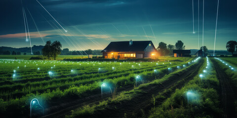 Futuristic Smart Agriculture: Nighttime View of a Farm with Digital Grid Overlay and IoT Technology Enhancing Crop Rows - obrazy, fototapety, plakaty