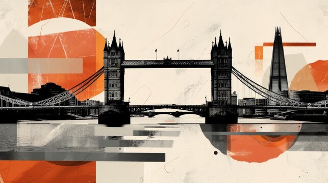 Contemporary style minimalist artwork collage illustration of London Bridge Uk. Ai generative.
