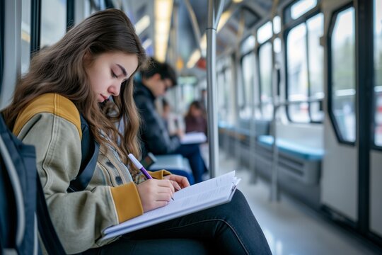 student studying notes on a quiet tram car