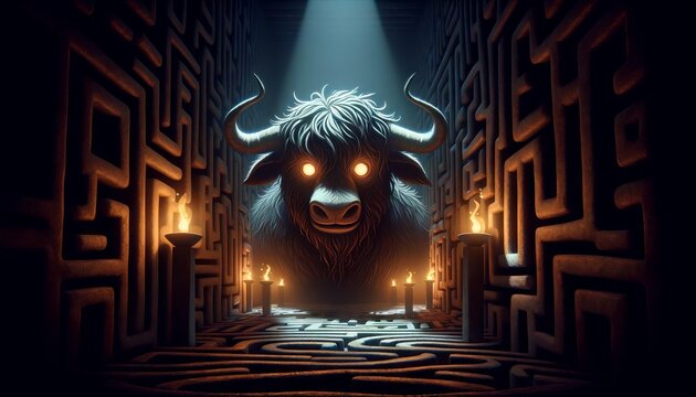 A whimsical, animated art style depiction of the suspenseful moment of the Minotaur lurking in the shadows of the labyrinth.