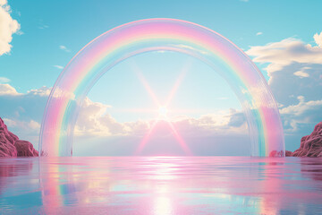 3d rendering of pastel rainbow arch over reflective surface, with the sun setting at its center.