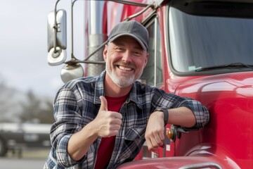 smiling trucker leaning on truck with thumbs up