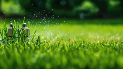 Automatic grass watering or automatic garden sprinkler background - obrazy, fototapety, plakaty