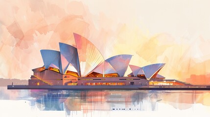 Abstract, minimalist watercolor picture  illustration of Sydney Opera House. Ai generative.