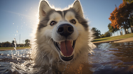 Happy malamute swims in the river, lake