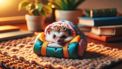 A hedgehog in a mini sleeping bag, the setting is a cozy indoor scene with warm, ambient lighting. - obrazy, fototapety, plakaty