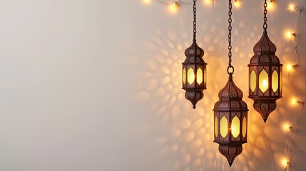 Eid mubarak with a islamic decorative frame pattern with decorative mini lamp and beauty lantern on a light ornamental background. You can put your text here.