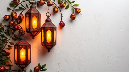 Image of lanterns hangs over white background with  leaves and fruits. Suitable for design element of Ramadan Kareem greeting template. Ramadan Kareem theme background template. - obrazy, fototapety, plakaty