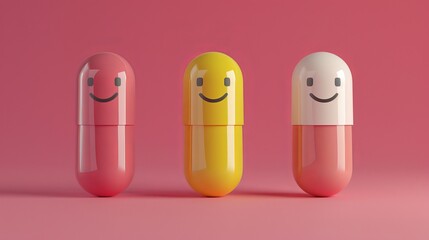 Smiley emoticons pills on a pink background close-up, happiness pills. Ai generative.