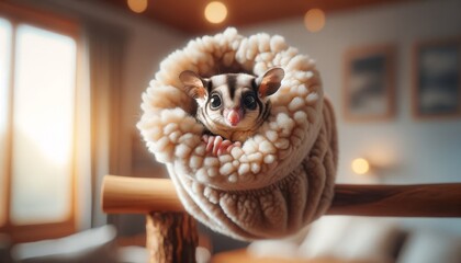 A sugar glider inside a fleece pouch, the setting is a cozy indoor room with soft, ambient lighting. - obrazy, fototapety, plakaty