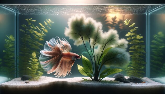 A betta fish beside a soft-looking aquatic plant in its tank, the setting is an elegantly designed aquarium with a focus on simplicity and beauty.