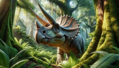 A close-up of a Triceratops in a lush Cretaceous forest, the dinosaur is highly detailed with...