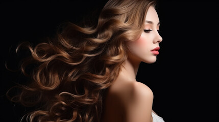 Naklejka premium Brunette girl with long and shiny curly hair . Beautiful model woman with wavy hairstyle