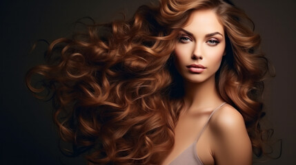Fototapeta premium Brunette girl with long and shiny curly hair . Beautiful model woman with wavy hairstyle