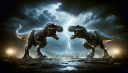 A pair of Tyrannosaurus rex facing off during a thunderstorm, these imposing dinosaurs are depicted with powerful bodies and fierce expressions.
