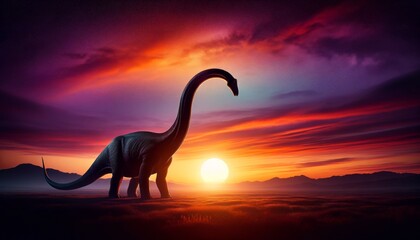 A Brachiosaurus silhouette against a setting sun, the dinosaur is depicted in striking detail with its long neck stretching towards the sky.
