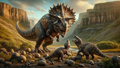 An Ankylosaurus defending its young from predators, the dinosaur is intricately detailed with a heavy, armored body and a large clubbed tail. - obrazy, fototapety, plakaty