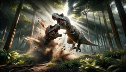 A Pachycephalosaurus ramming heads in a display of dominance, these dinosaurs are depicted with stunning detail, highlighting their thick, domed skull. - obrazy, fototapety, plakaty