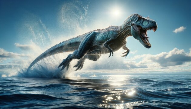 A Mosasaurus breaching the ocean surface, the prehistoric marine reptile is depicted with extraordinary detail, showcasing its massive body and fearso.